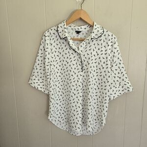 Ann Taylor Popover Top Blouse Ditsy Floral Print White Black Lightweight M